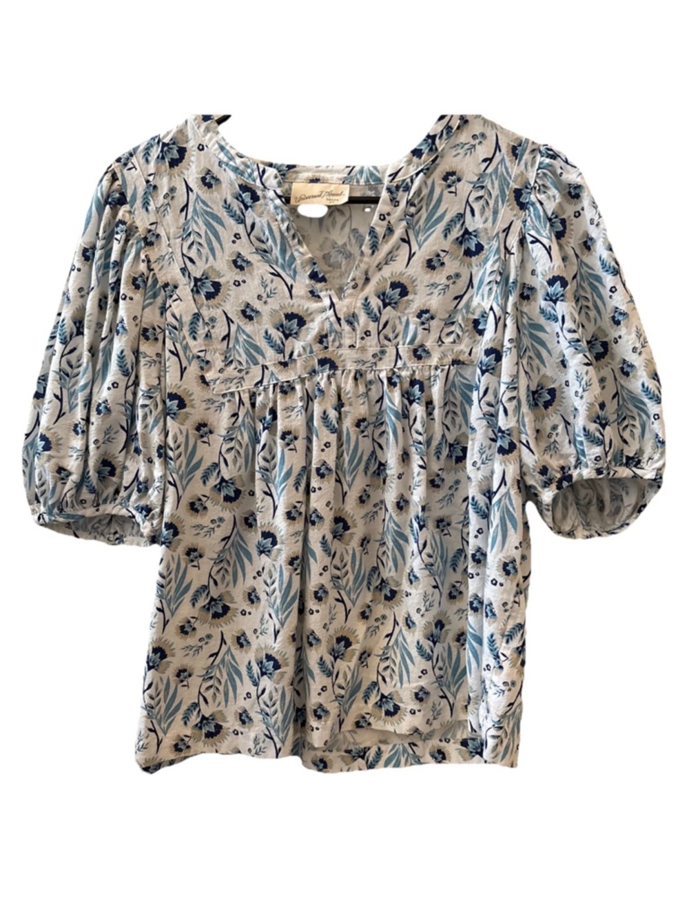 Universal Thread Floral Blue Short Puff Sleeve Blouse Sz Small